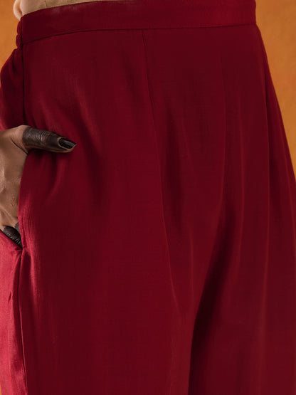 Maroon Embroidered Straight Kurta Trousers With Dupatta set