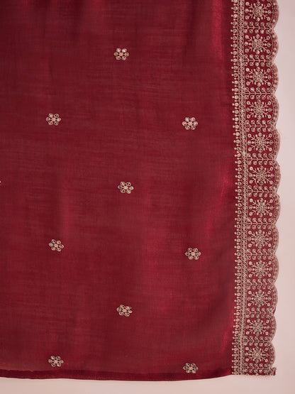 Maroon Embroidered Straight Kurta Trousers With Dupatta set