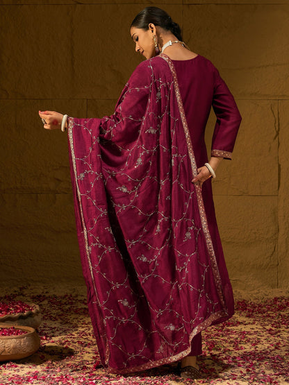 Maroon Embroidered Straight Kurta Trousers With Dupatta set