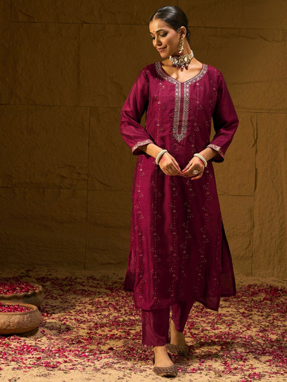 Maroon Embroidered Straight Kurta Trousers With Dupatta set