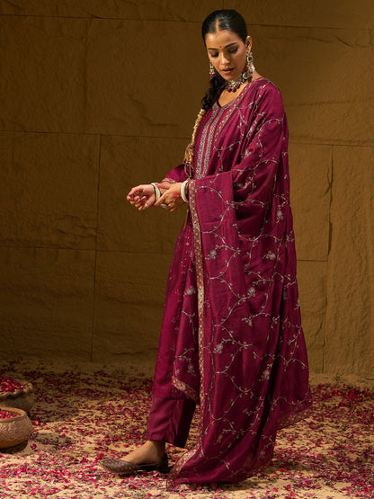 Maroon Embroidered Straight Kurta Trousers With Dupatta set