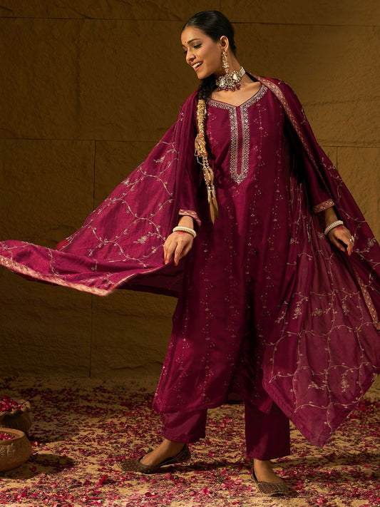 Maroon Embroidered Straight Kurta Trousers With Dupatta set