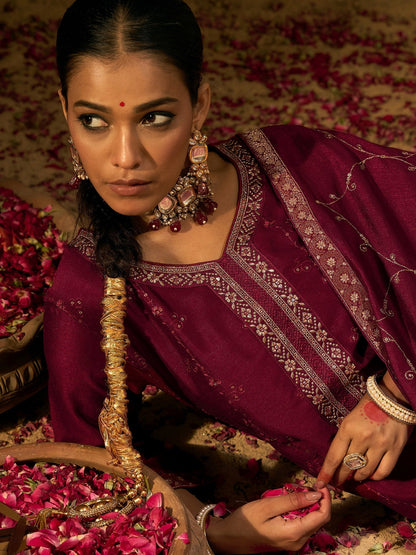 Maroon Embroidered Straight Kurta Trousers With Dupatta set