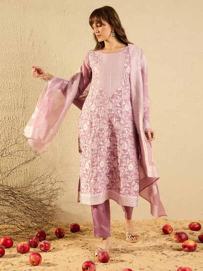 Mauve Woven Design Straight Kurta Trousers set