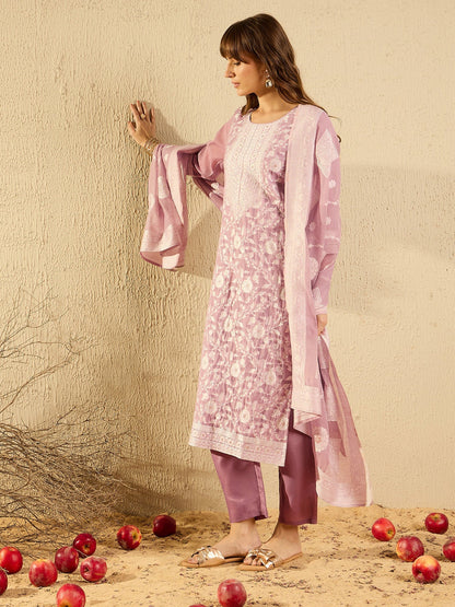 Mauve Woven Design Straight Kurta Trousers set