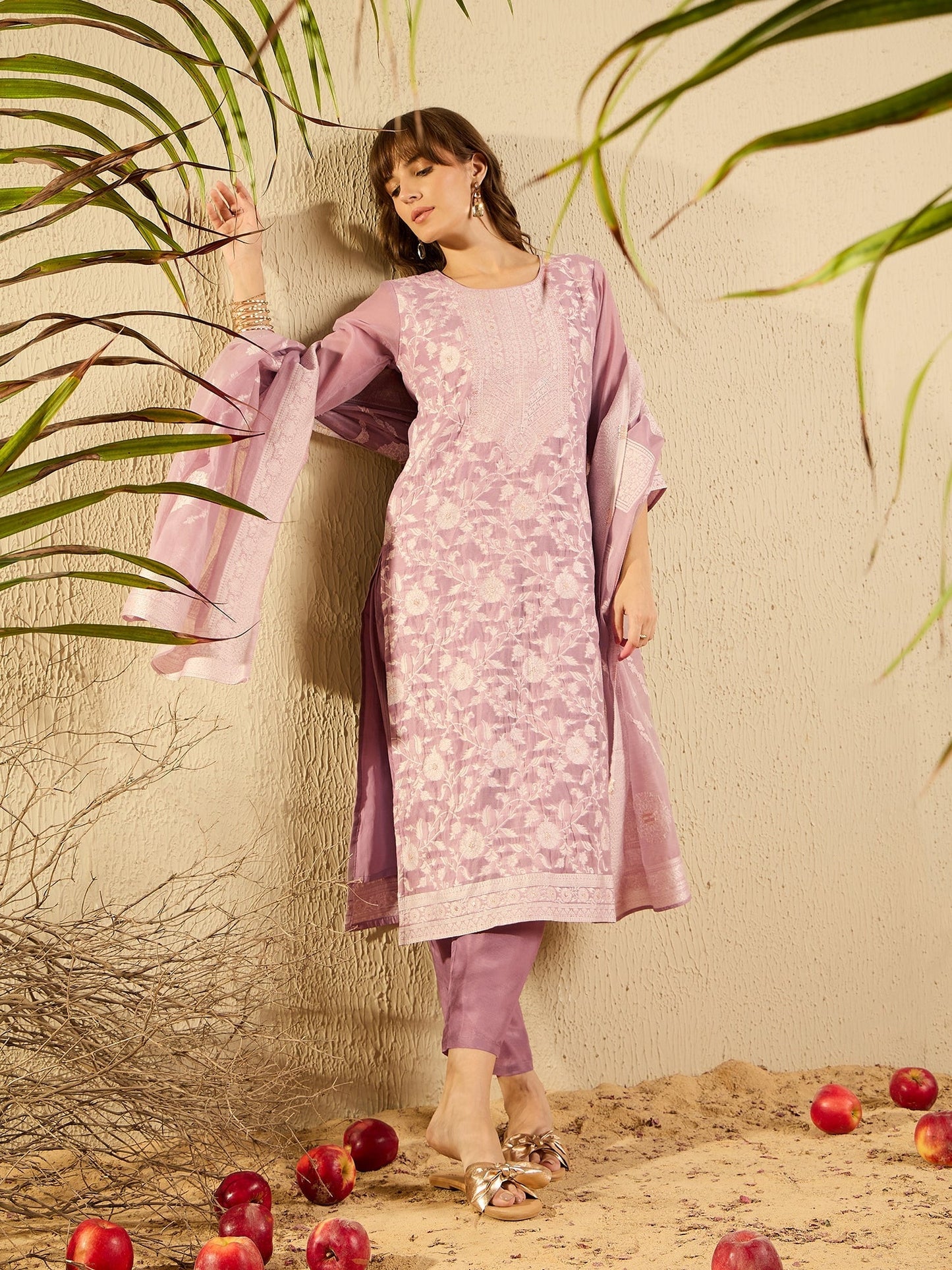 Mauve Woven Design Straight Kurta Trousers set