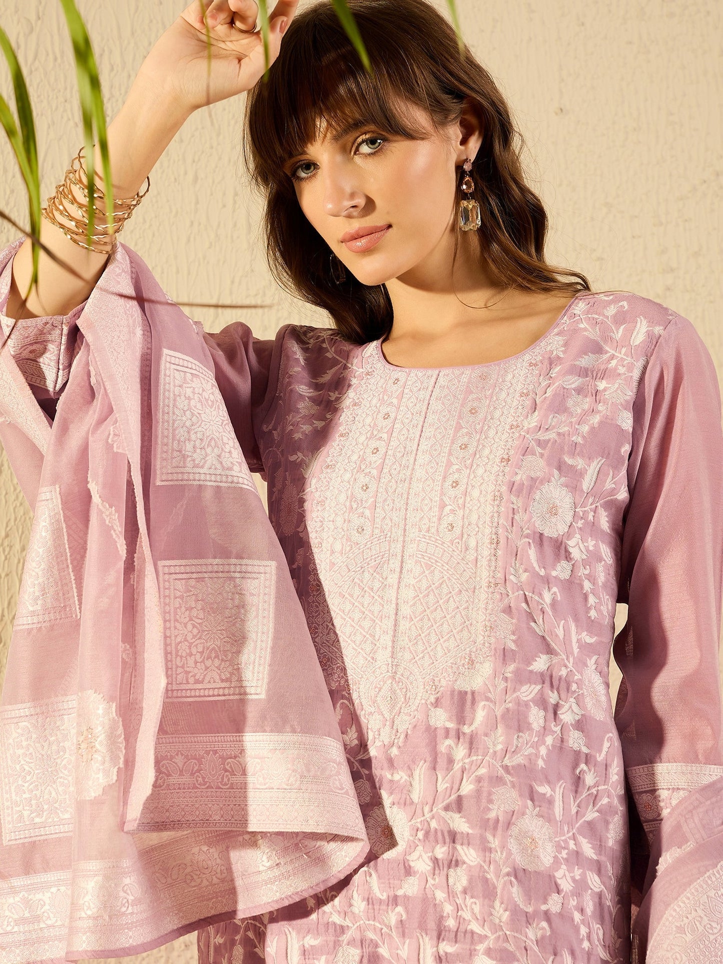 Mauve Woven Design Straight Kurta Trousers set