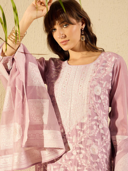 Mauve Woven Design Straight Kurta Trousers set