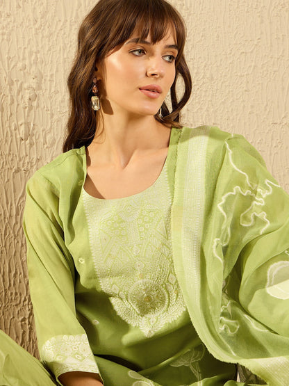 Indo Era Green Woven Design Straight Kurta Trousers set