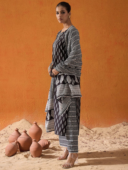 Indo Era Black Printed Straight Kurta Palazzos With Dupatta set