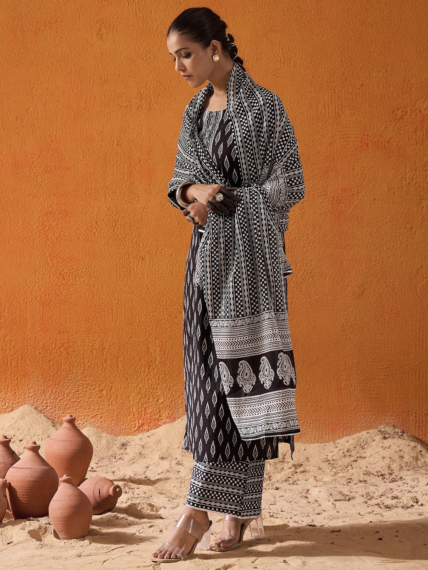 Indo Era Black Printed Straight Kurta Palazzos With Dupatta set