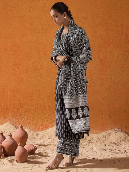 Indo Era Black Printed Straight Kurta Palazzos With Dupatta set