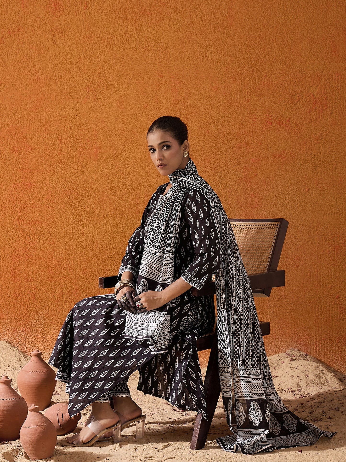 Indo Era Black Printed Straight Kurta Palazzos With Dupatta set