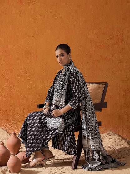 Indo Era Black Printed Straight Kurta Palazzos With Dupatta set