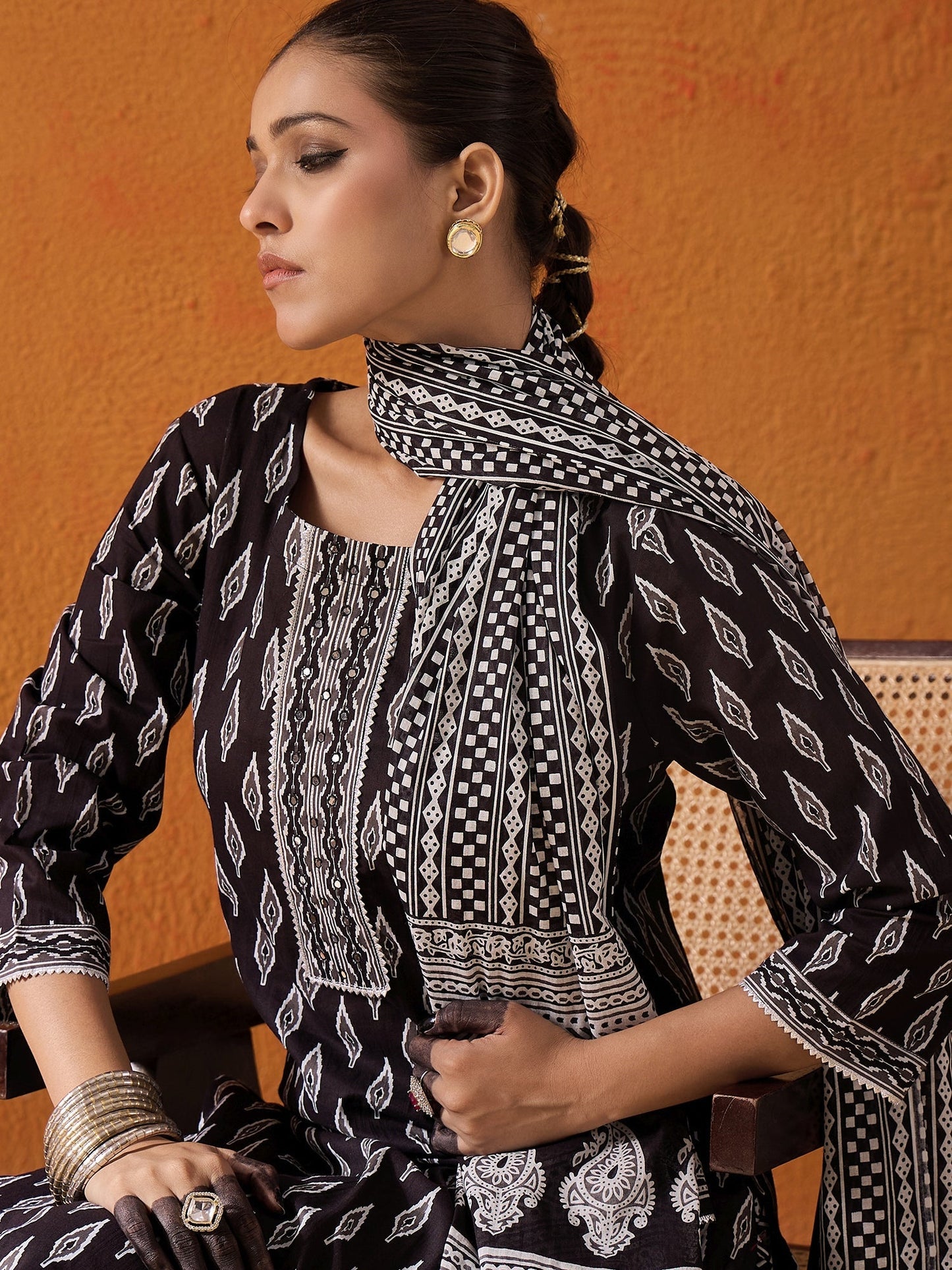 Indo Era Black Printed Straight Kurta Palazzos With Dupatta set