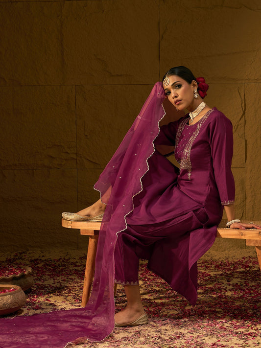 Indo Era Burgundy Embroidered Straight Kurta Trousers With Dupatta  Set