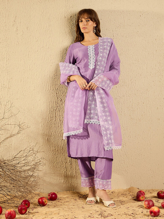 Indo Era Lavender Embroidered  Straight Kurta Trousers With Dupatta set