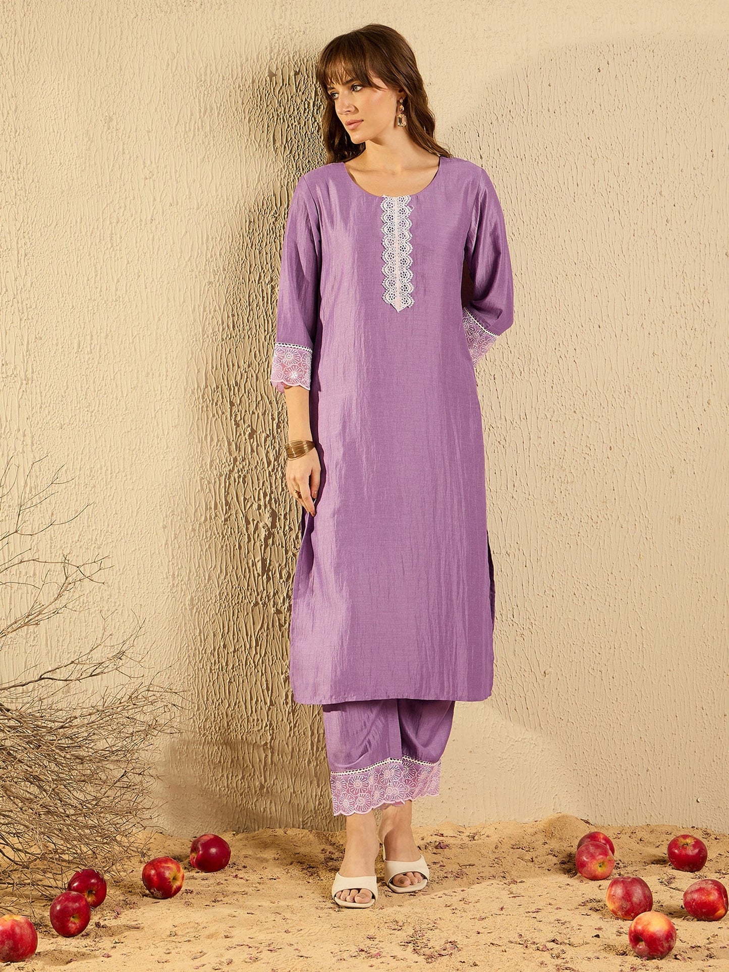 Indo Era Lavender Embroidered  Straight Kurta Trousers With Dupatta set