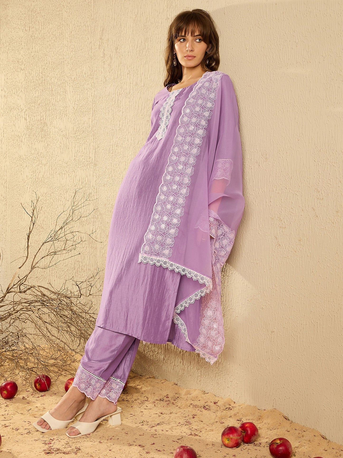 Indo Era Lavender Embroidered  Straight Kurta Trousers With Dupatta set