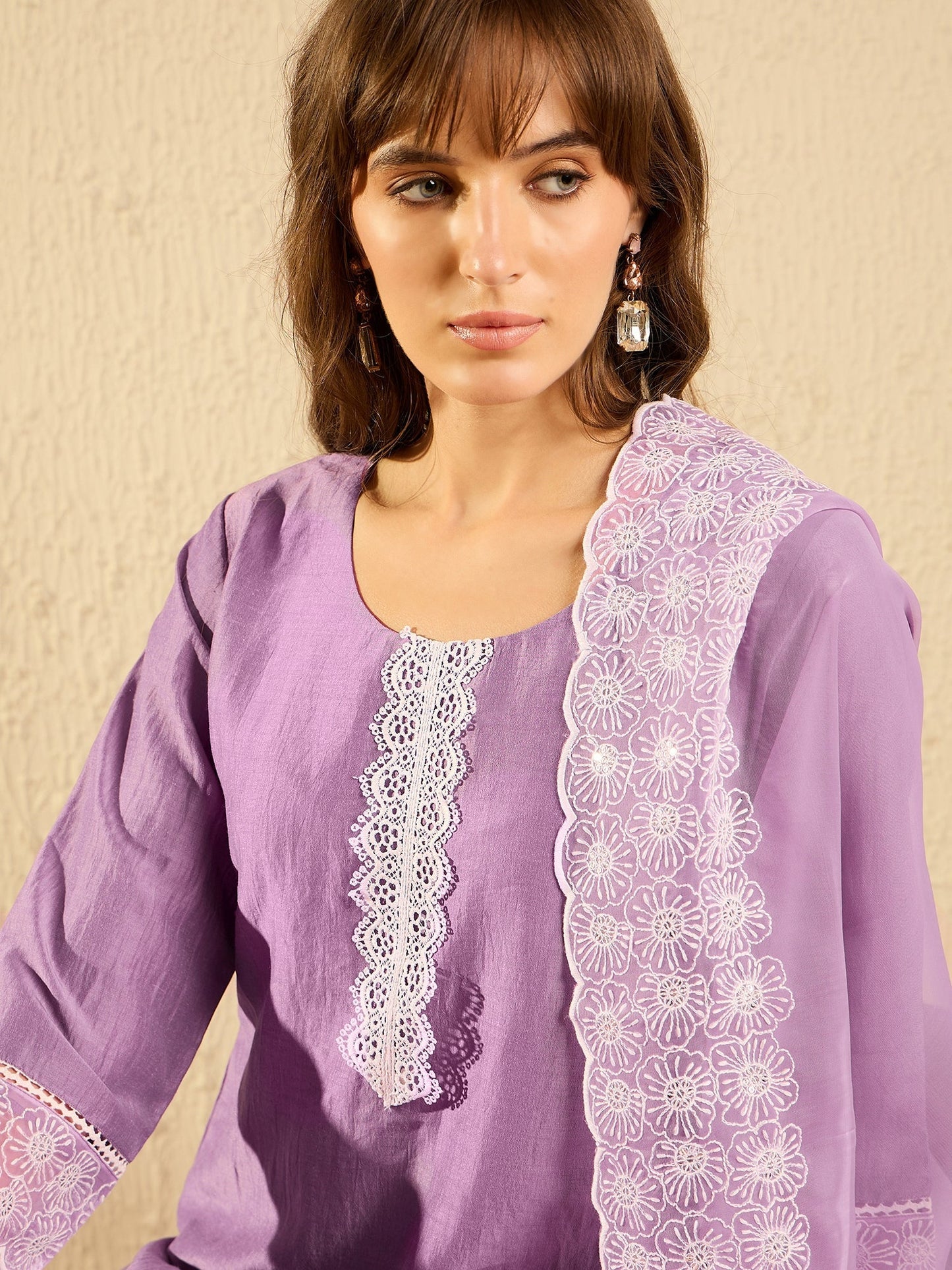 Indo Era Lavender Embroidered  Straight Kurta Trousers With Dupatta set