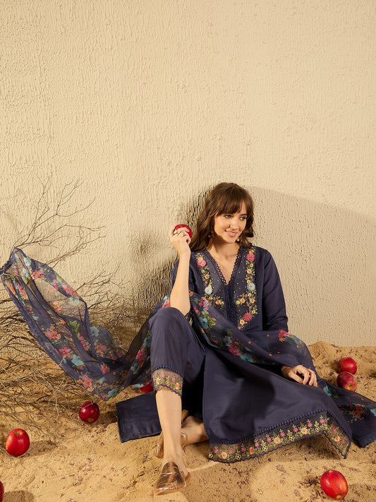 Indo Era Grey Embroidered Straight Kurta Trousers With Dupatta set
