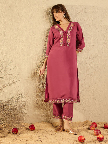 Mauve Embroidered Straight Kurta Trousers With Dupatta set