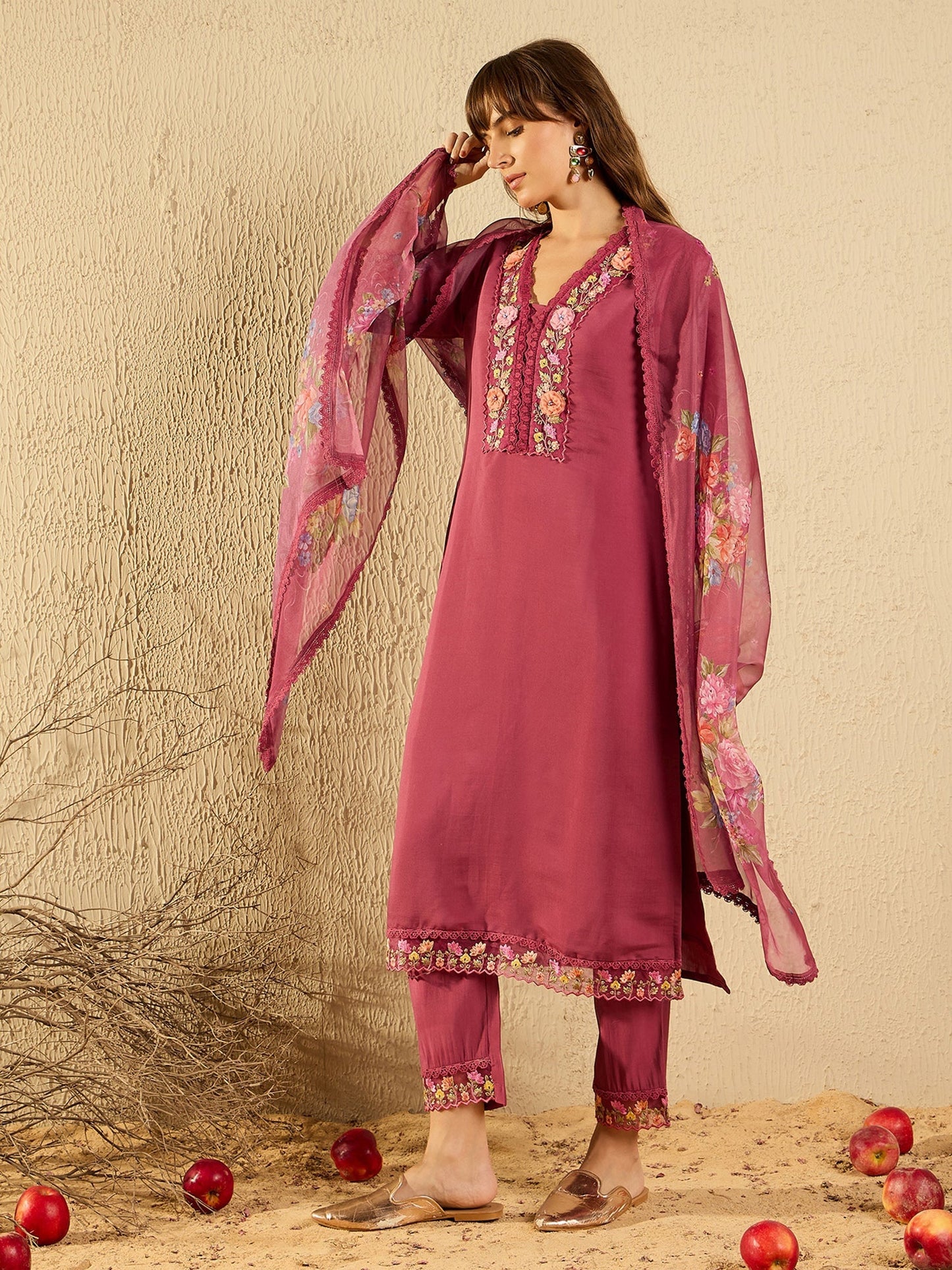 Mauve Embroidered Straight Kurta Trousers With Dupatta set