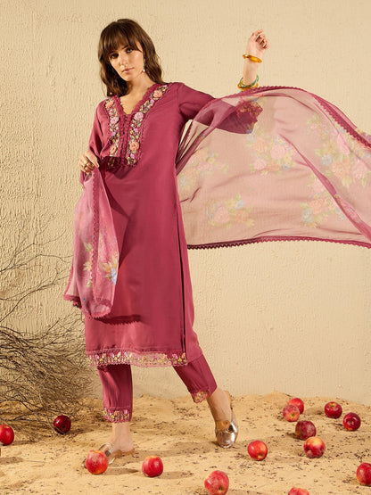 Mauve Embroidered Straight Kurta Trousers With Dupatta set