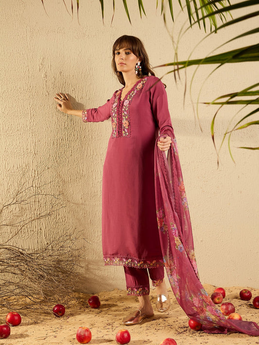 Mauve Embroidered Straight Kurta Trousers With Dupatta set