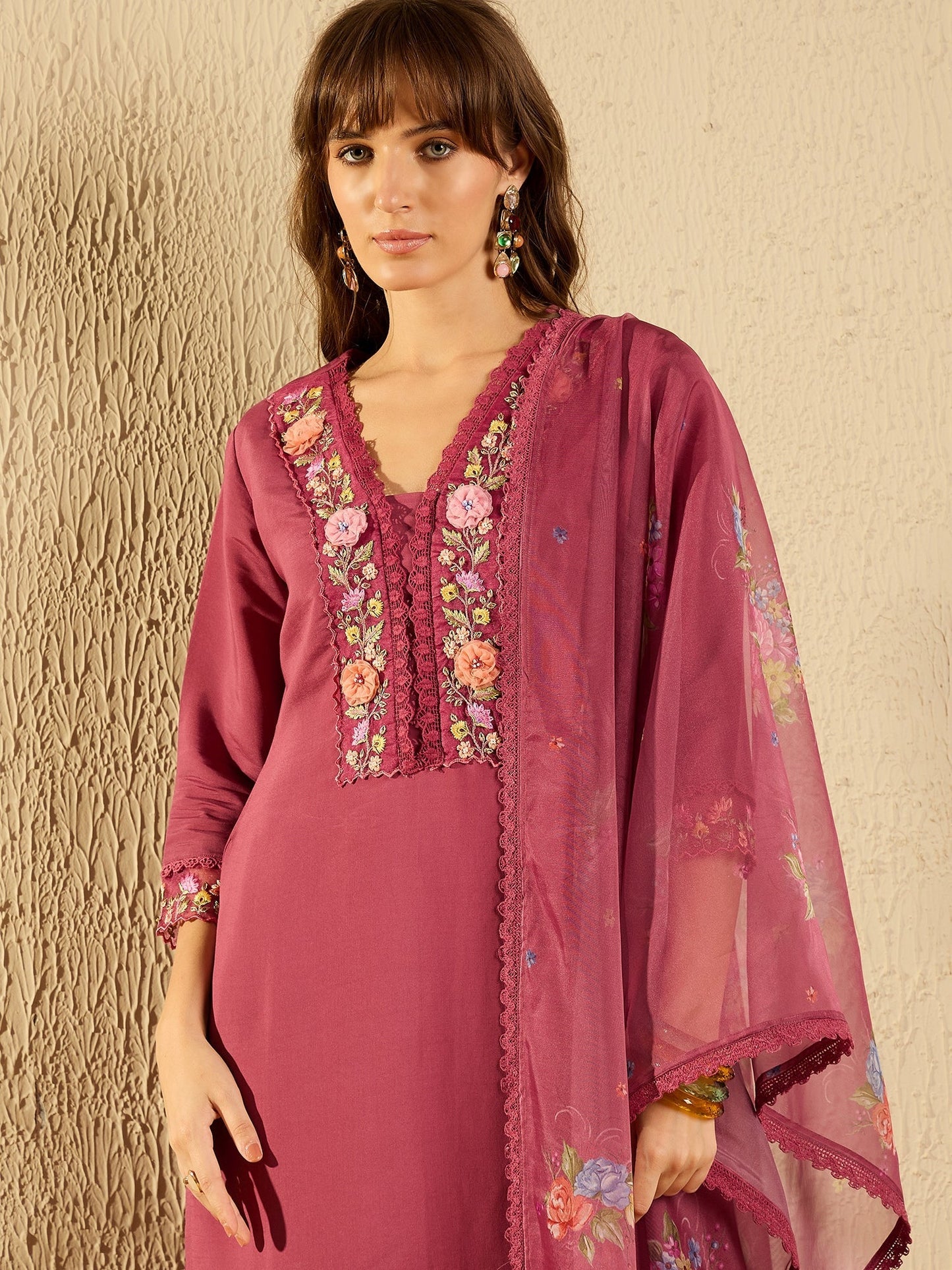 Mauve Embroidered Straight Kurta Trousers With Dupatta set