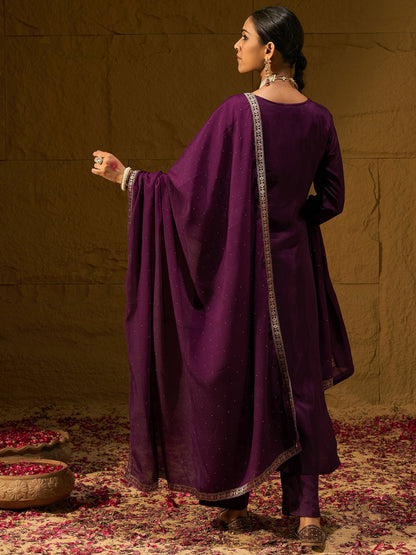 Indo Era Burgundy Embroidered Straight Kurta Trousers With Dupatta set