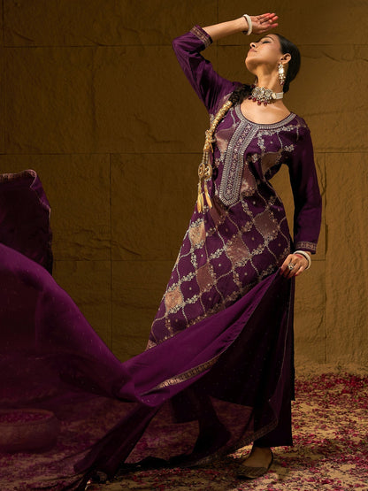 Indo Era Burgundy Embroidered Straight Kurta Trousers With Dupatta set