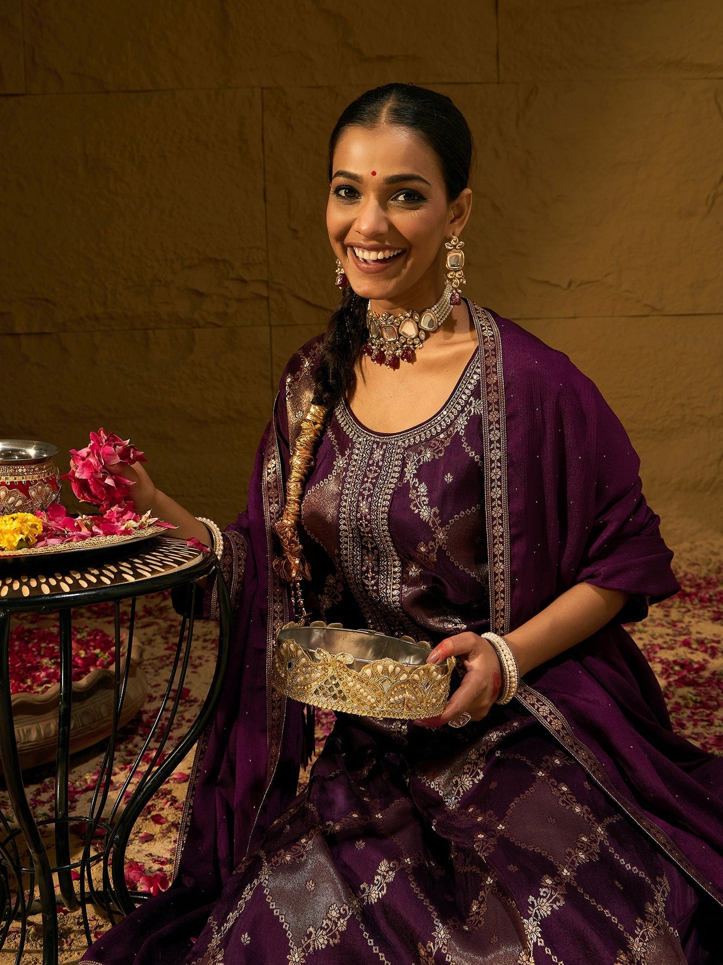 Indo Era Burgundy Embroidered Straight Kurta Trousers With Dupatta set