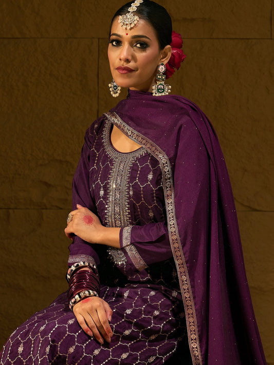 Indo Era Burgundy Embroidered Straight Kurta Trousers With Dupatta set