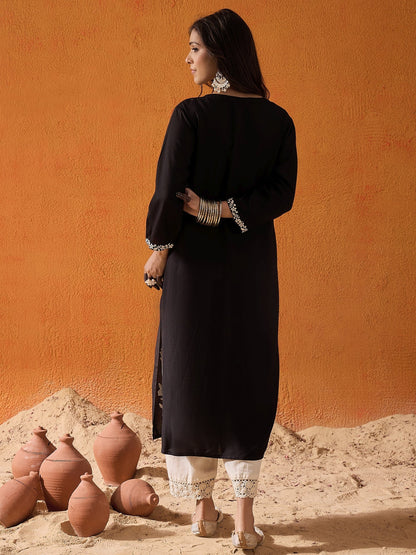 indo era Black Embroidered Straight Kurtas