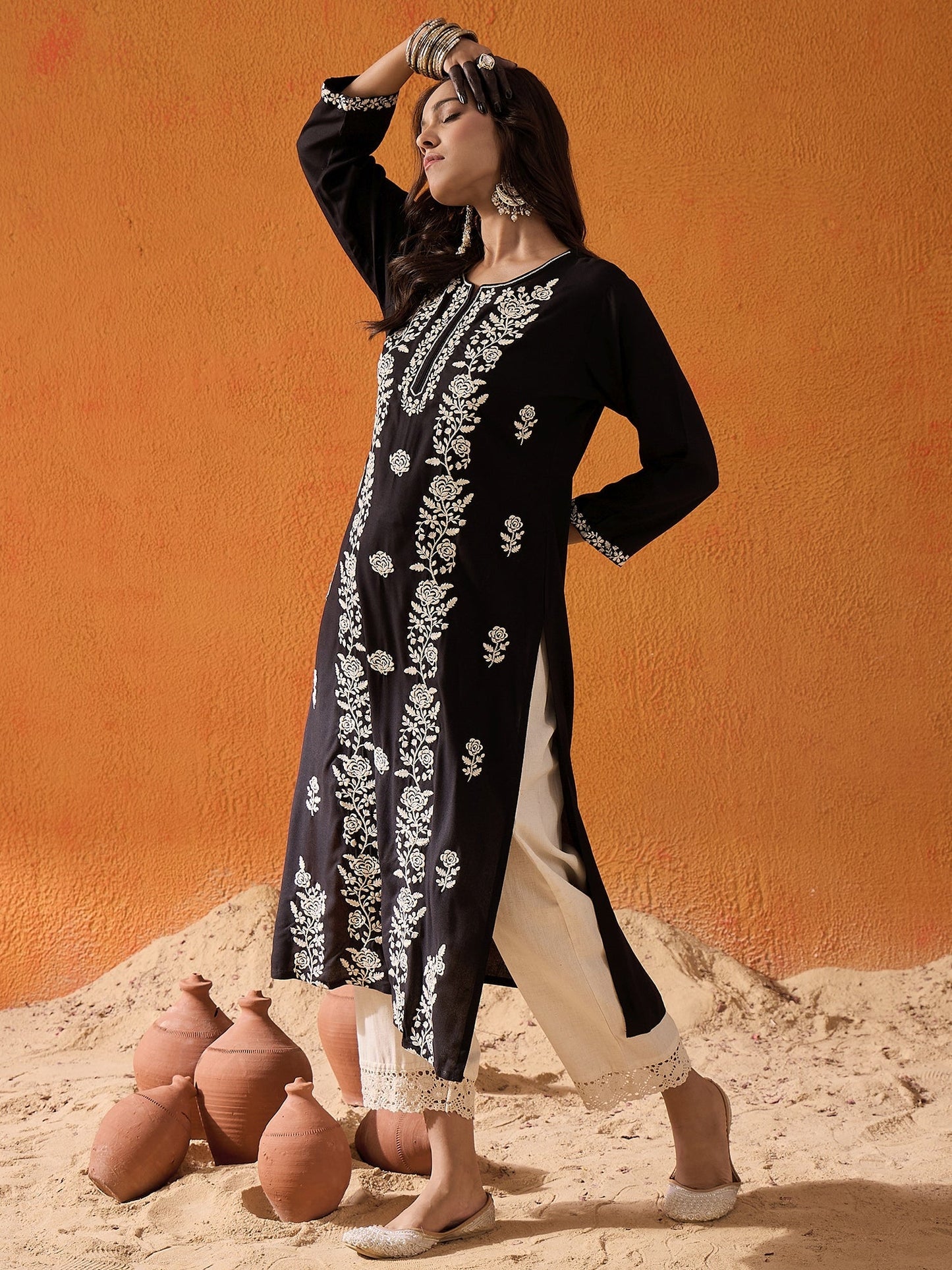 indo era Black Embroidered Straight Kurtas