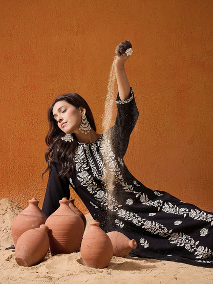 indo era Black Embroidered Straight Kurtas