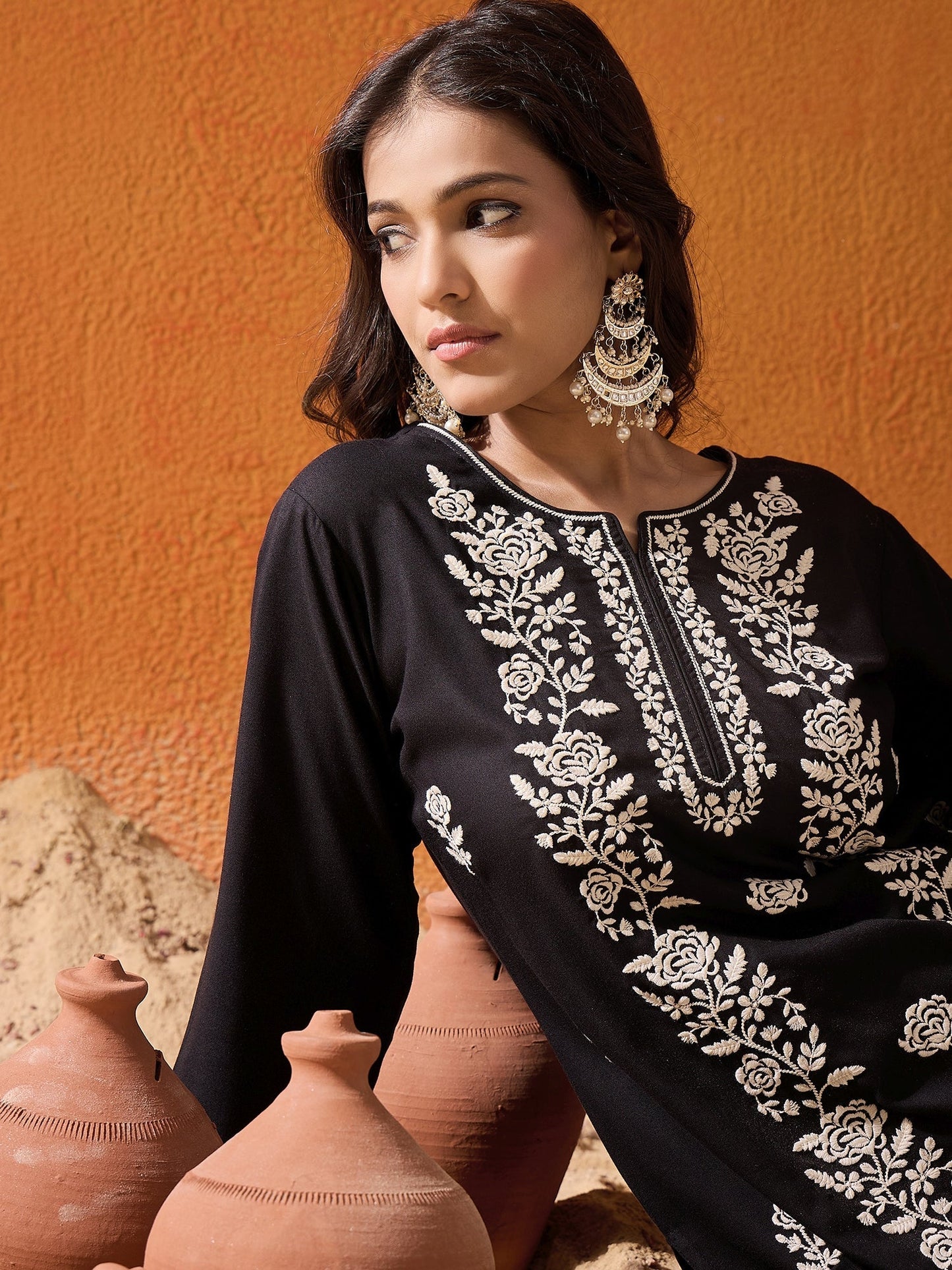 indo era Black Embroidered Straight Kurtas