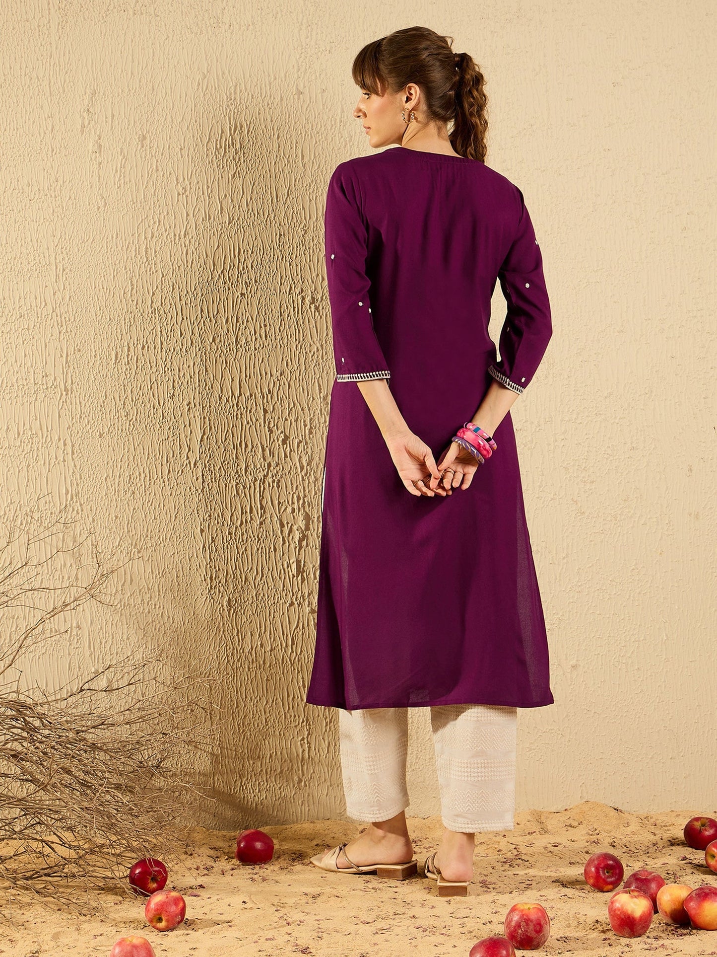 indo era Burgundy Embroidered Straight Kurtas