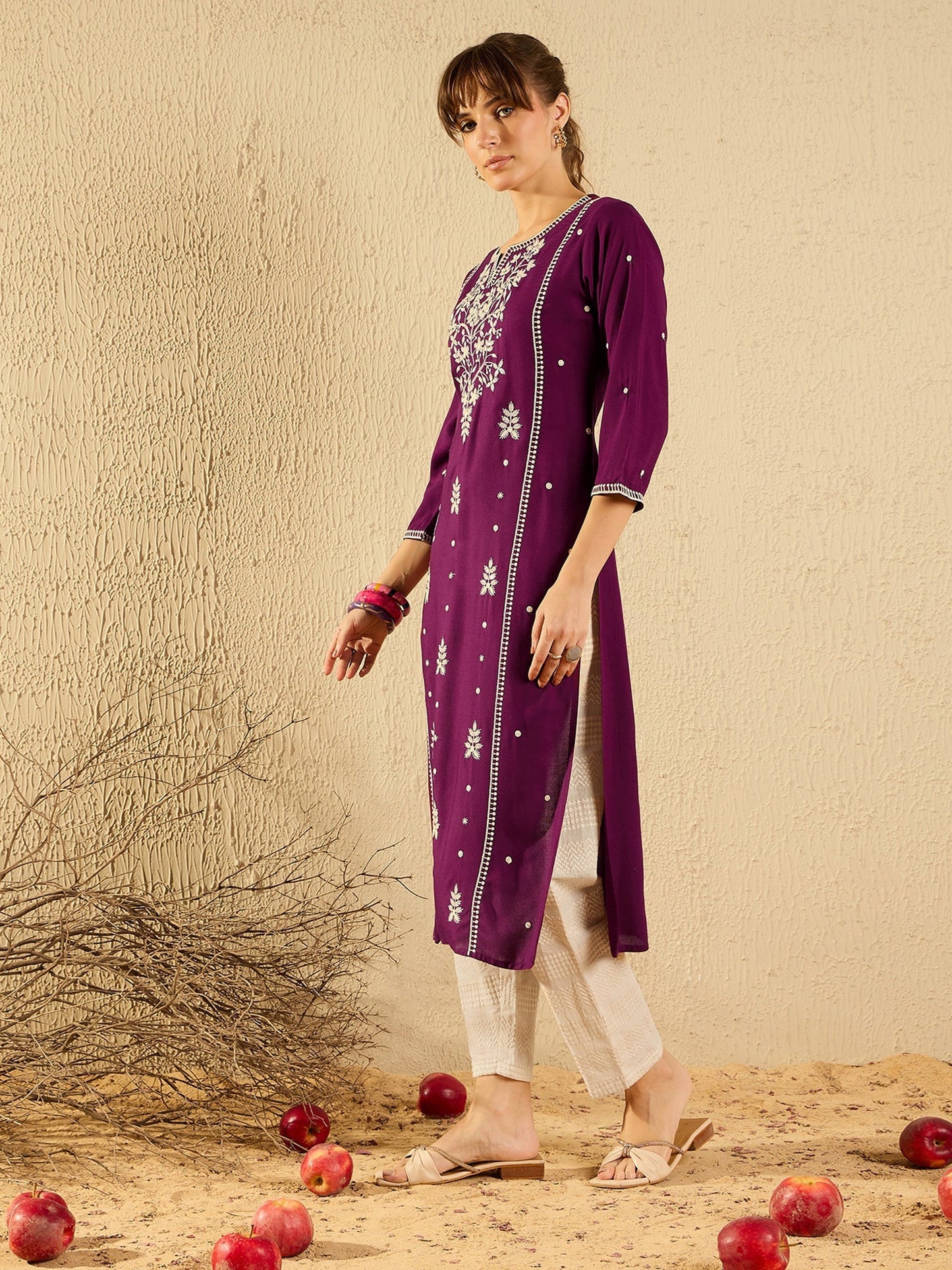 indo era Burgundy Embroidered Straight Kurtas