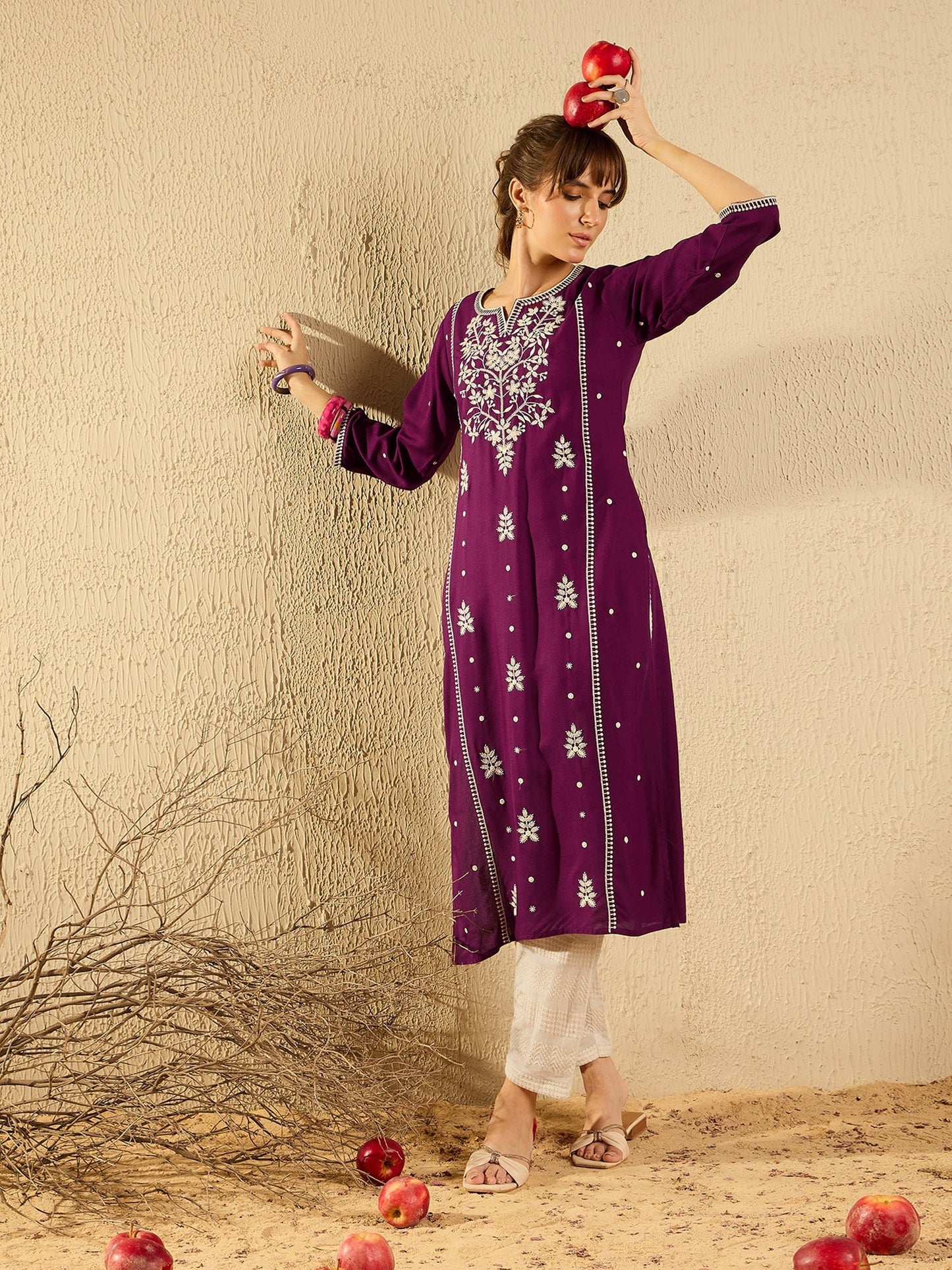 indo era Burgundy Embroidered Straight Kurtas