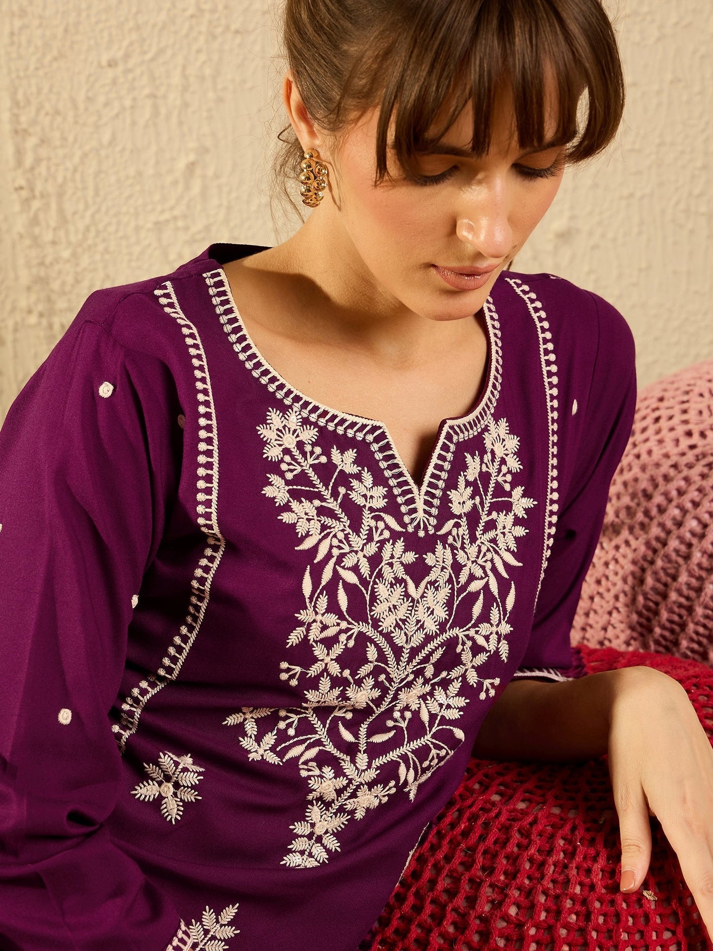 indo era Burgundy Embroidered Straight Kurtas