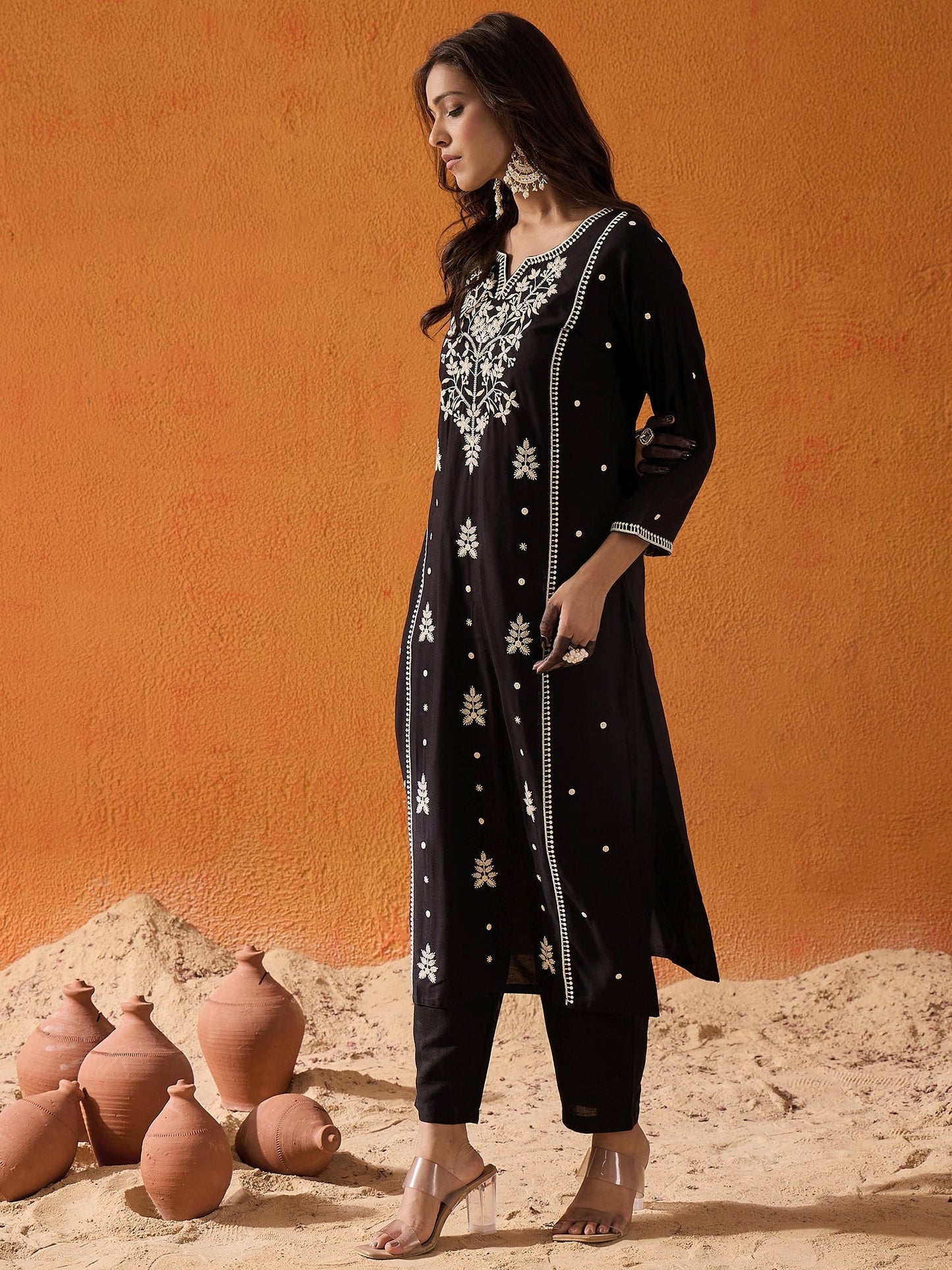 indo era Black Embroidered Straight Kurtas