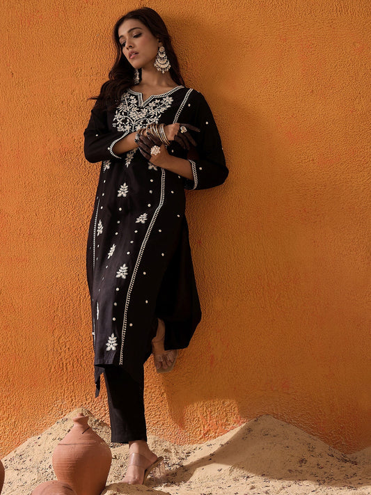 indo era Black Embroidered Straight Kurtas