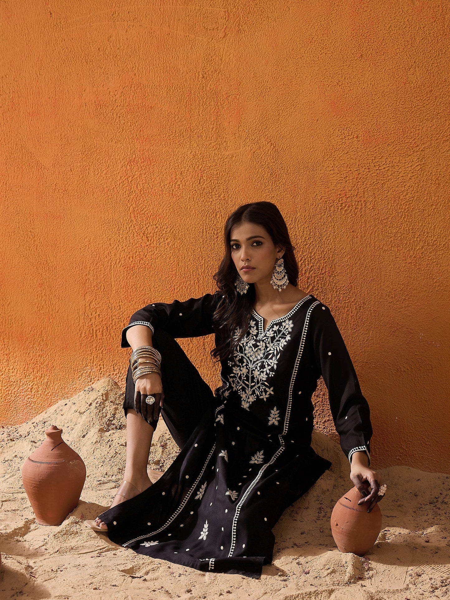 indo era Black Embroidered Straight Kurtas