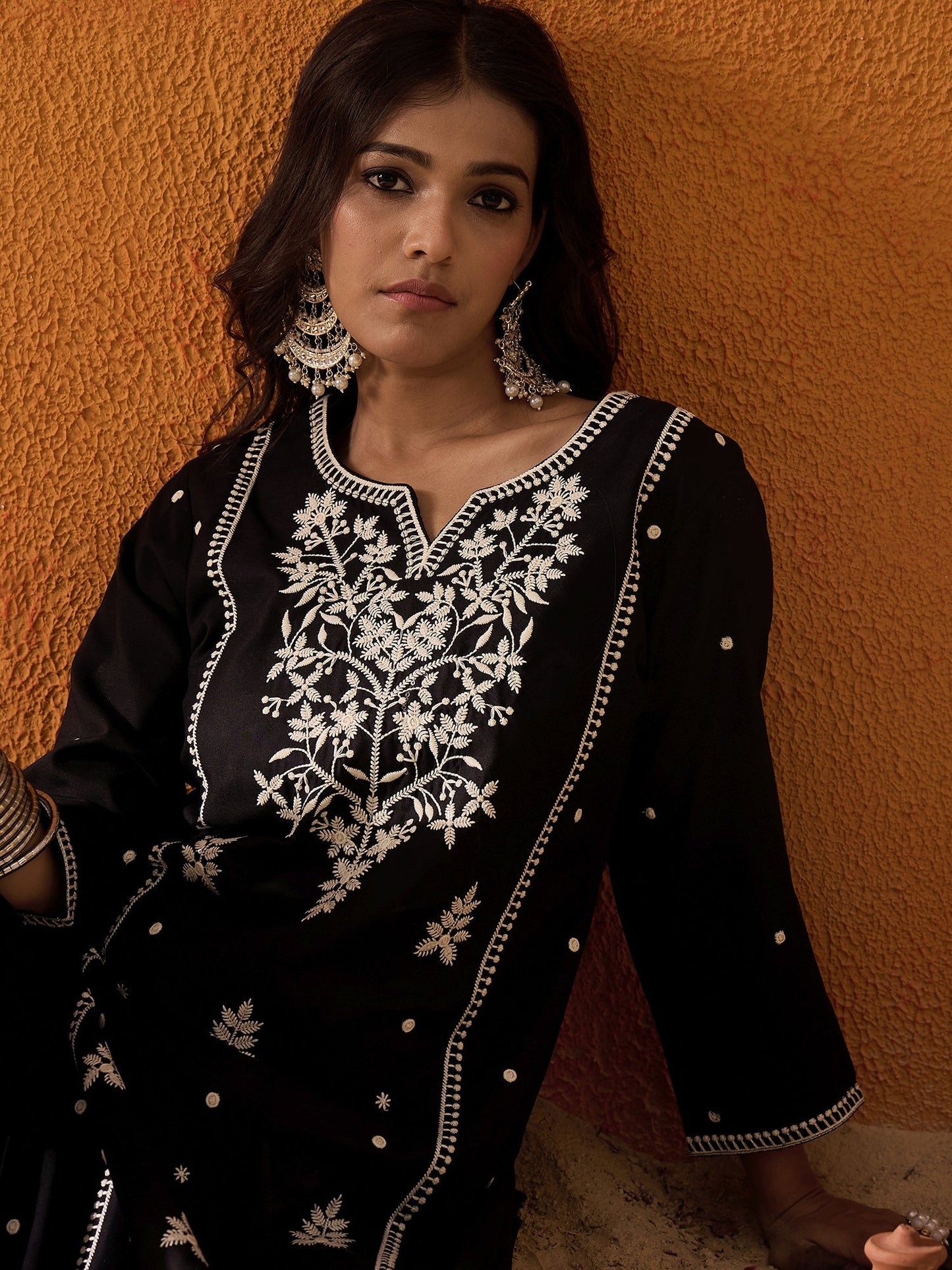 indo era Black Embroidered Straight Kurtas