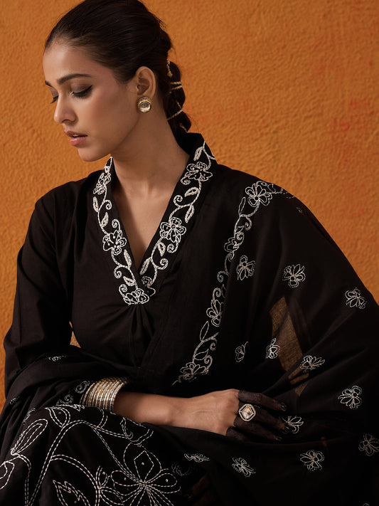 Indo Era Black Embroidered A-Line Kurta Trousers With Dupatta set