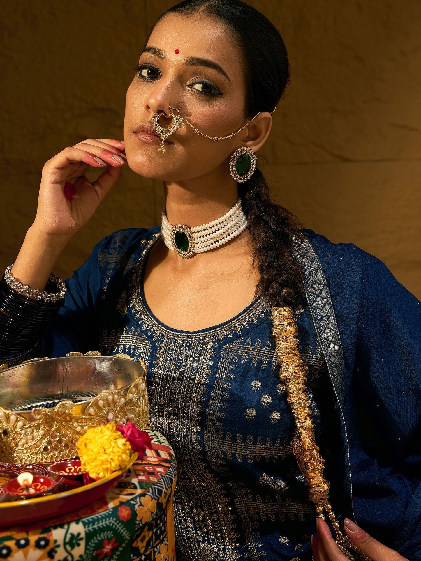 Indo Era Blue Embroidered Straight Kurta Trousers With Dupatta set