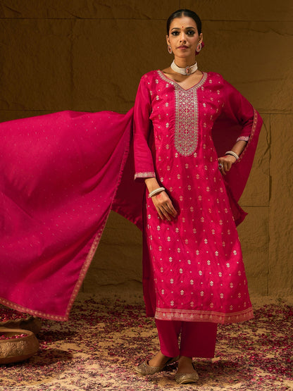 Indo Era Magenta Embroidered Straight Kurta Trousers With Dupatta set
