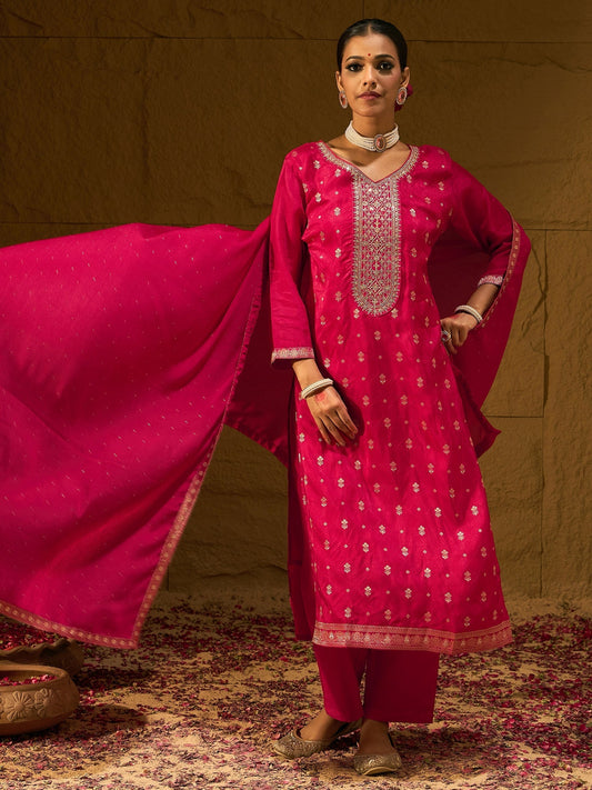 Indo Era Magenta Embroidered Straight Kurta Trousers With Dupatta set